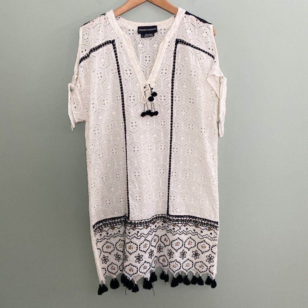 Hemant & Nandita Aditya Eyelet Dress Womens Small Cotton Embroidered Tassels